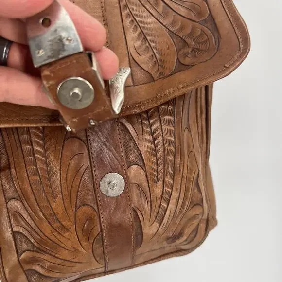 Vintage Sergios Tooled Leather Messenger Bag Shoulder Duffel Western Cowboy